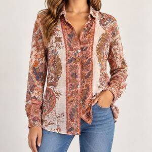 Massimo Dutti Paisley Block Print Ramie Gauze Blouse Multicolor Womens 12 Boho
